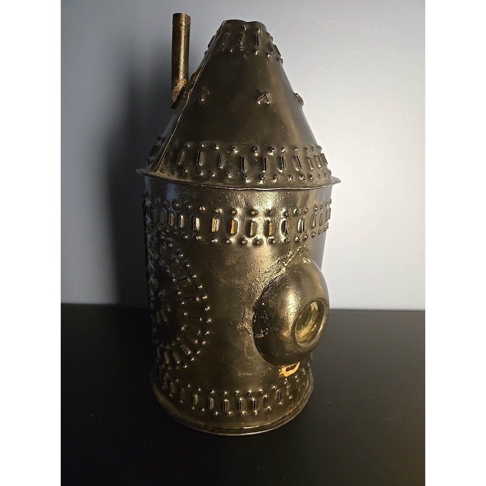 Punched Tin Candle Lantern‎ Side Smoke Stack Double Glass Lenses Bullseye